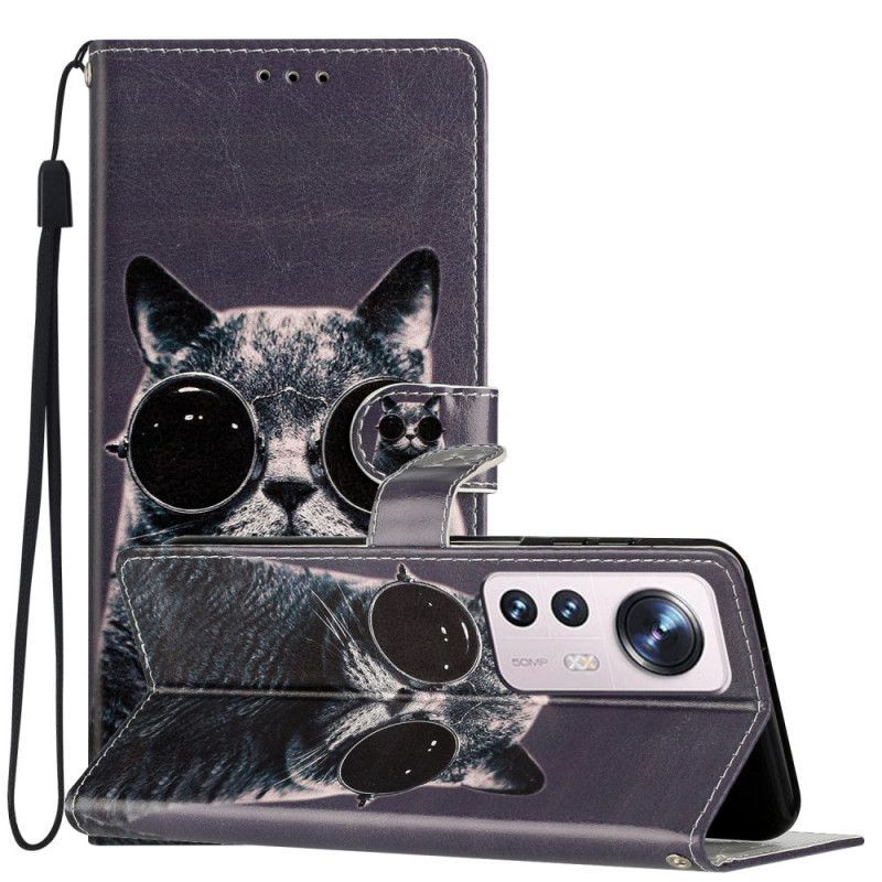 Kožené Pouzdro Na Xiaomi 12 Lite Na Lana Brýle Cat Strappy