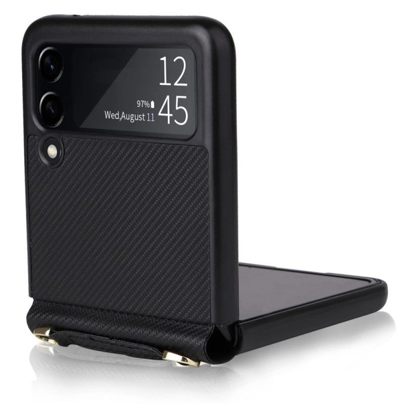 Kryt Na Samsung Galaxy Z Flip 4 Flipové Pouzdro Kožený Efekt Uhlíkové Vlákno Textura S Popruhem