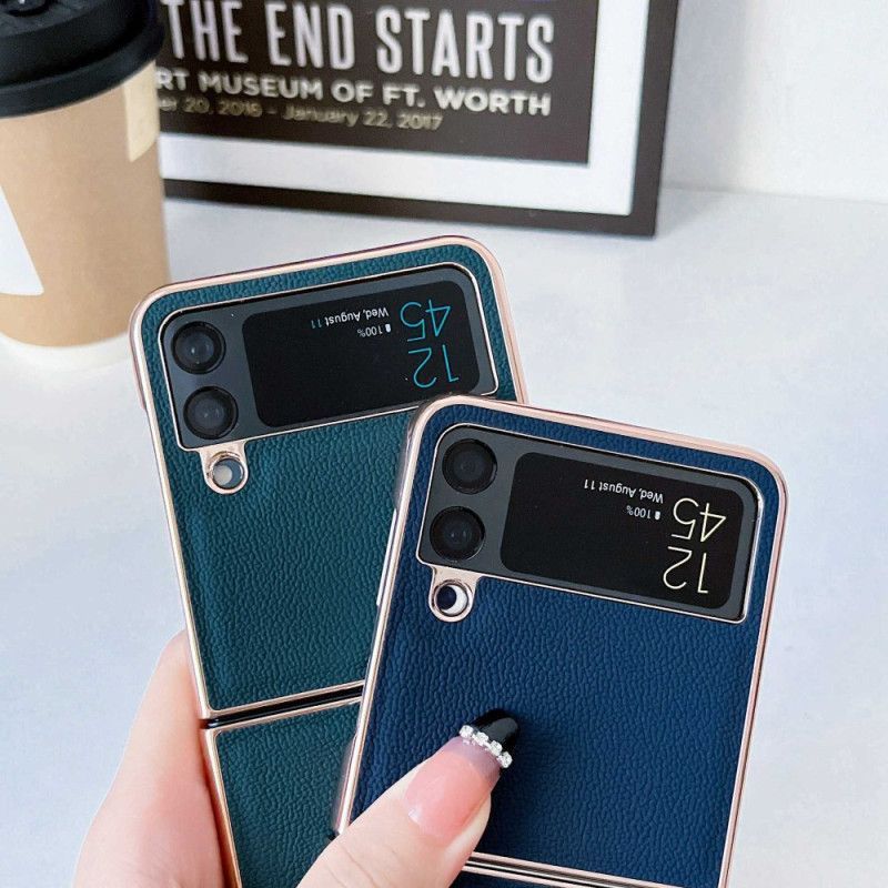Kryt Na Samsung Galaxy Z Flip 4 Flipové Pouzdro Zlaté Okraje Z Pravé Kůže