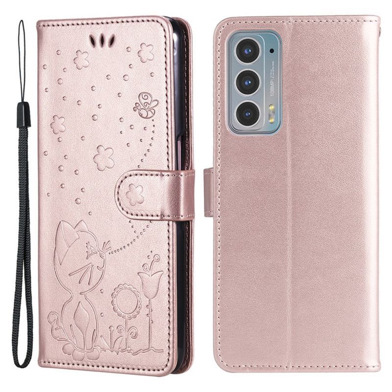 Flipové Pouzdro Motorola Edge 20 Kočka A Včela S Popruhem