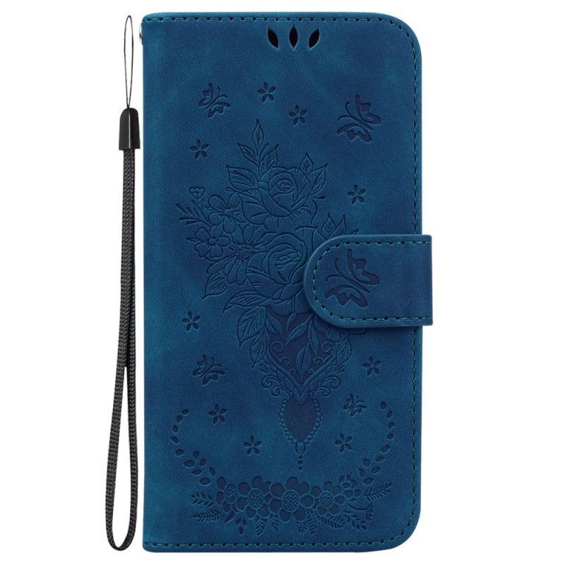 Flipové Pouzdro Na Moto G73 5G Na Lana Strappy Růže A Motýli