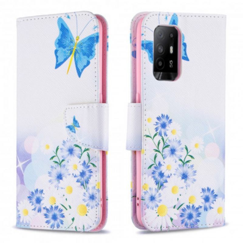 Flipové Pouzdro Na Oppo A94 5g Malovaní Motýli A Květiny