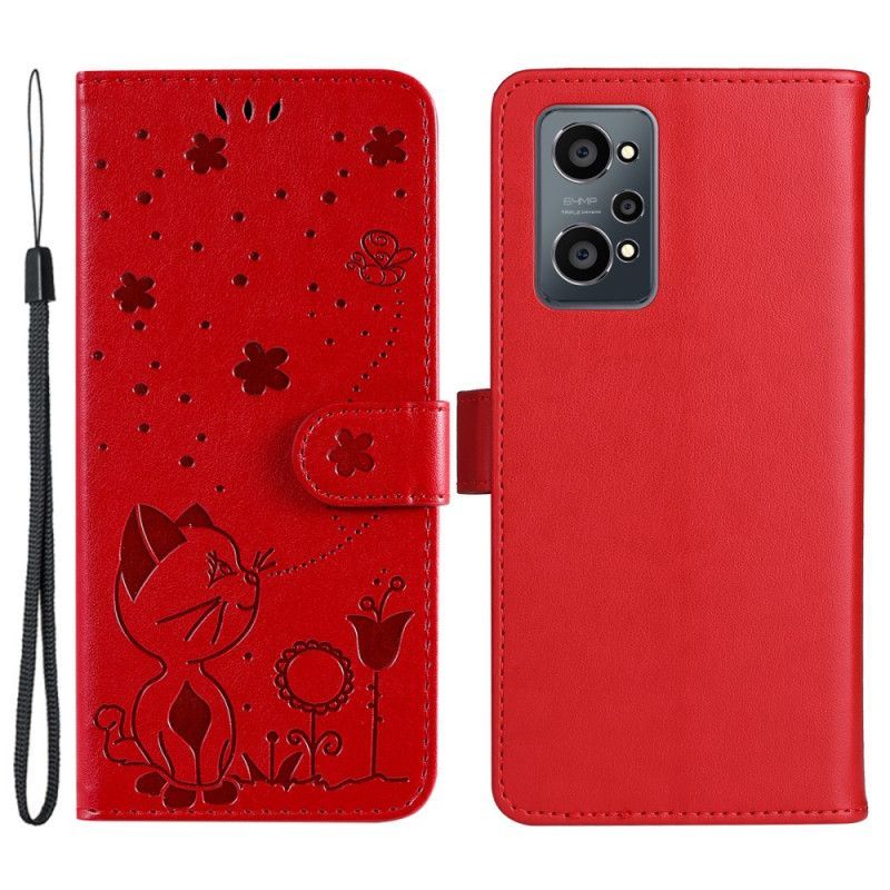 Flipové Pouzdro Na Realme GT Neo 3T / Neo 2 Na Lana Kočka A Včela Se Šňůrkou