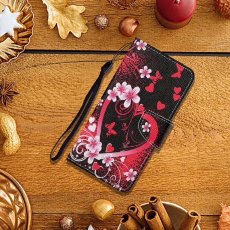 Flipové Pouzdro Oppo A15 Květiny A Srdce S Páskem