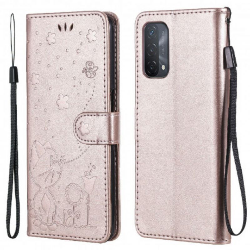 Flipové Pouzdro Oppo A54 5g / A74 5g Kočka A Včela S Popruhem