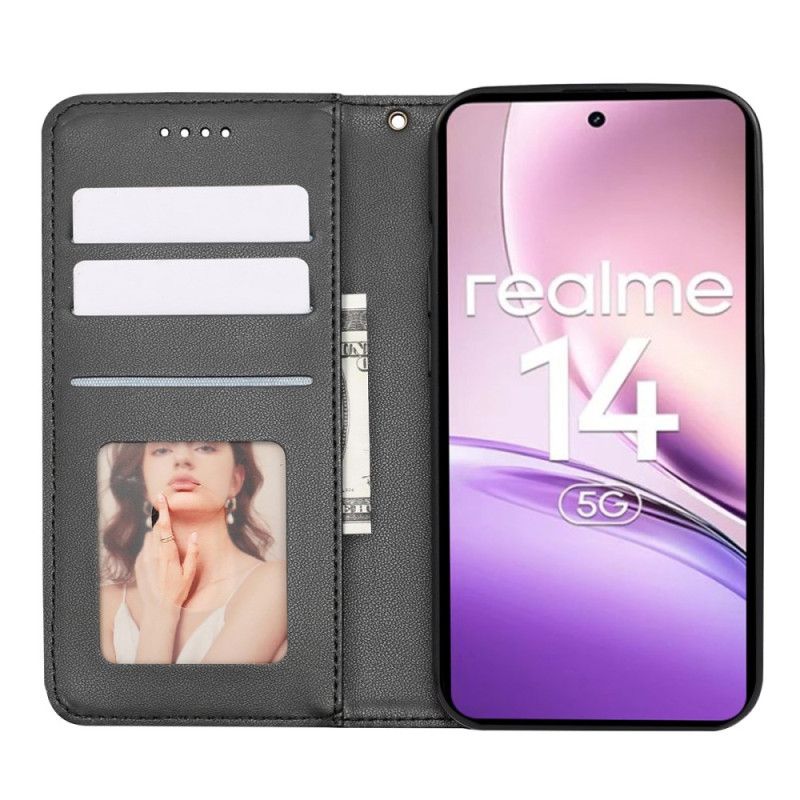 Kožené Pouzdro Folio Na Realme 14 5g Kostkovaný Okraj A Pásek