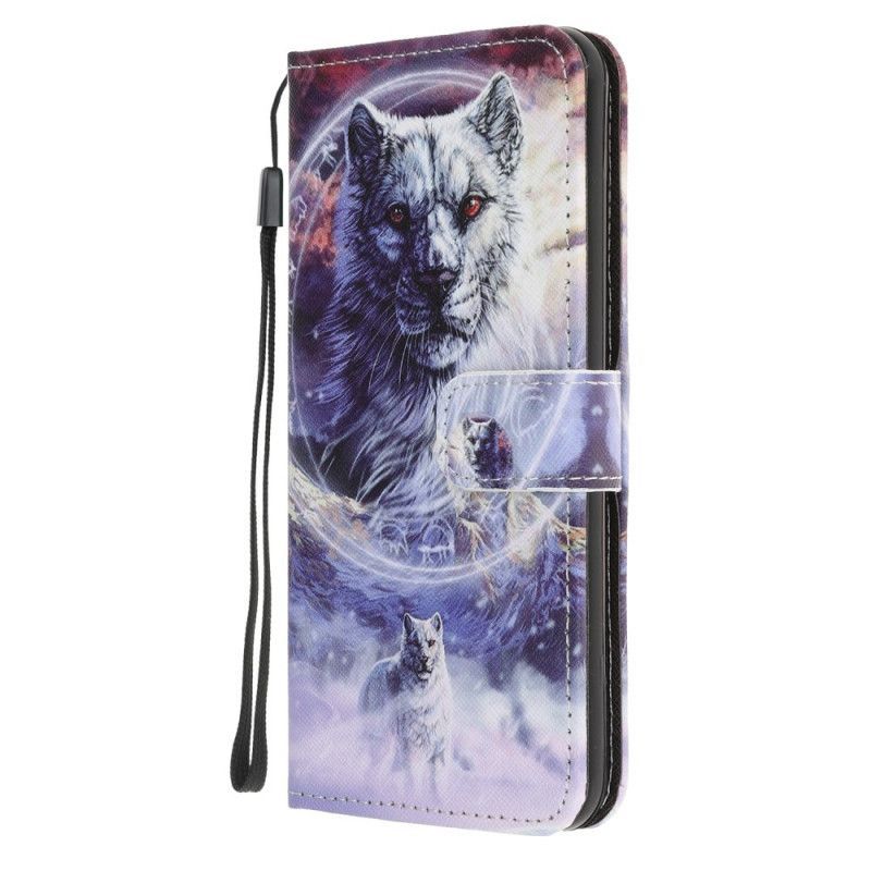 Kožené Pouzdro Google Pixel 4a Vlk V Zimě S Popruhem