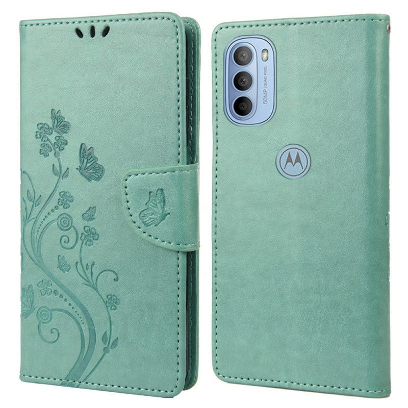 Kožené Pouzdro Na Moto G51 5G Na Lana Nádherní Motýlci Na Řemínku