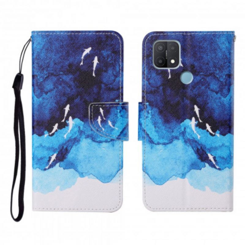 Kožené Pouzdro Oppo A15 Moře S Popruhem