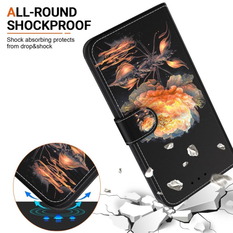 Kožený Kryt Motorola Edge 50 Fusion Zlatá Pivoňka S Řemínkem