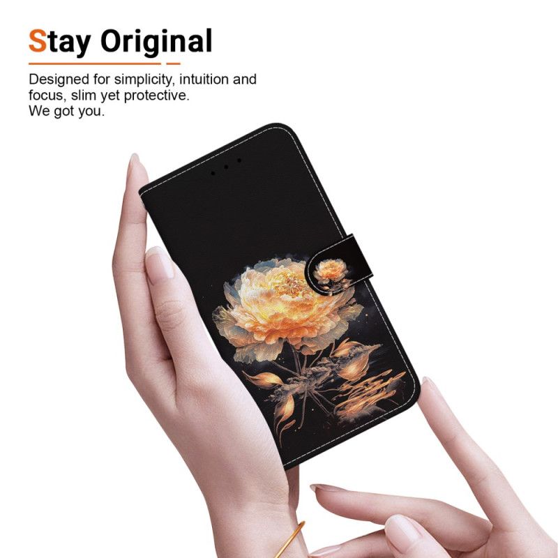 Kožený Kryt Motorola Edge 50 Fusion Zlatá Pivoňka S Řemínkem