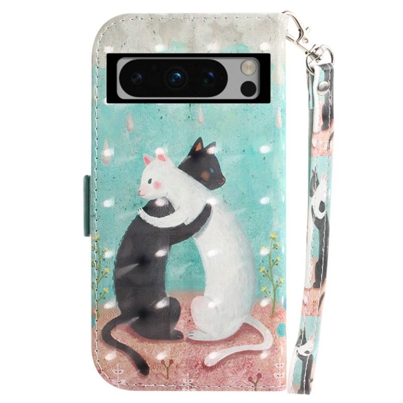 Kožený Kryt Na Google Pixel 8 Pro Černá Kočka Bílá Kočka S Popruhem