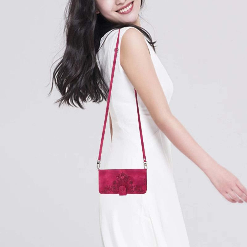 Kožený Kryt Na Realme 14 Pro Plus 5g Krajka Semišový Efekt S Popruhem A Ramenním Popruhem