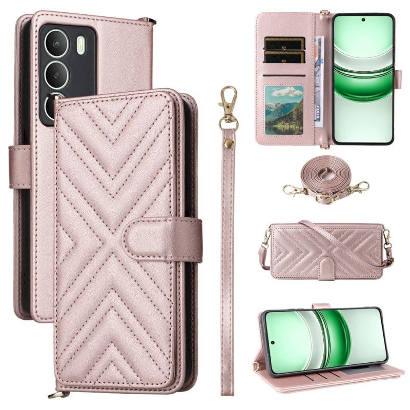 Kožený Kryt Realme 14x 5g Prošívaná S Popruhem A Ramenním Popruhem