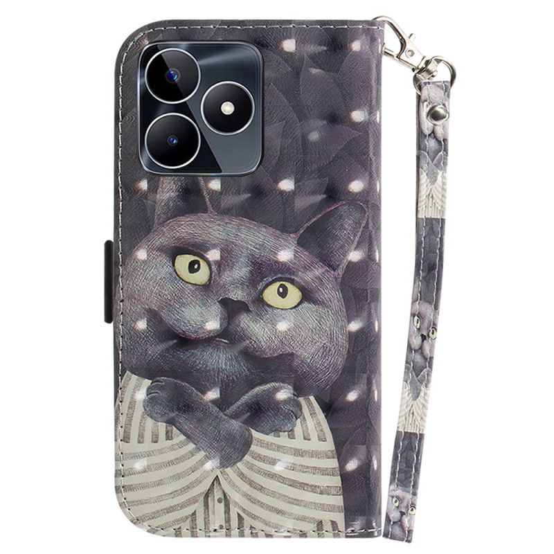 Kožený Kryt Realme C53 Držák S Šedou Kočkou A Šňůrkou