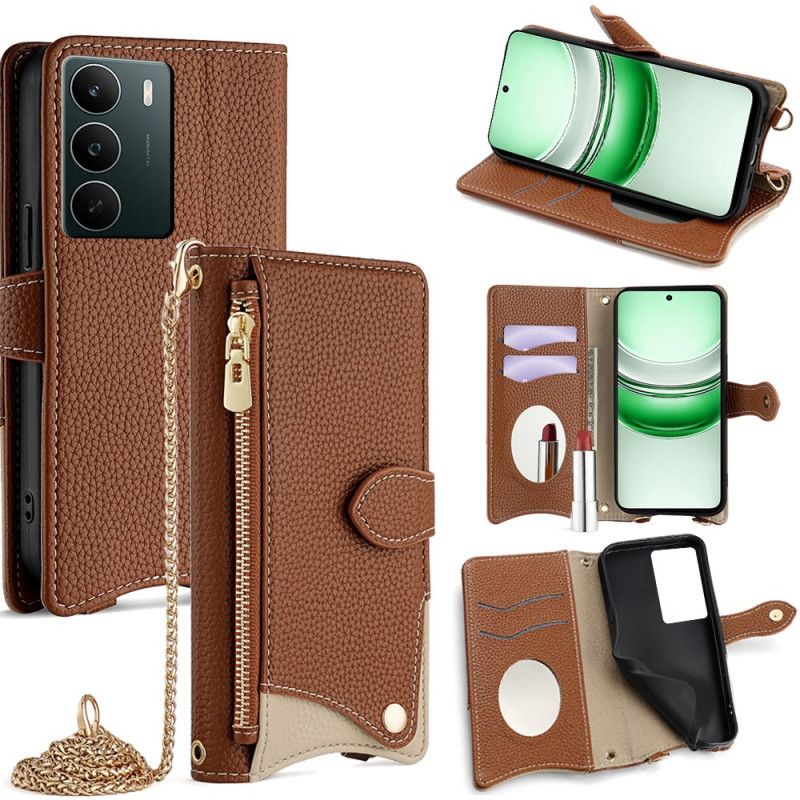 Kožený Kryt Realme C71 Dvoubarevná Peněženka Se Zrcátkem A Ramenním Popruhem