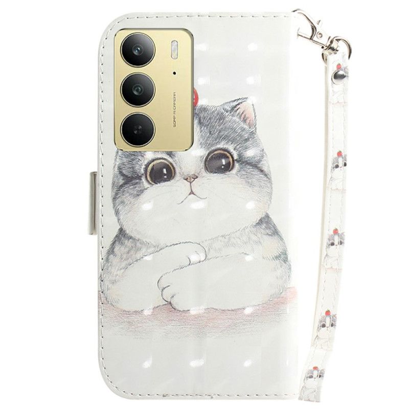 Kožený Kryt Realme C75 Popruh S Kočkou A Jahodou