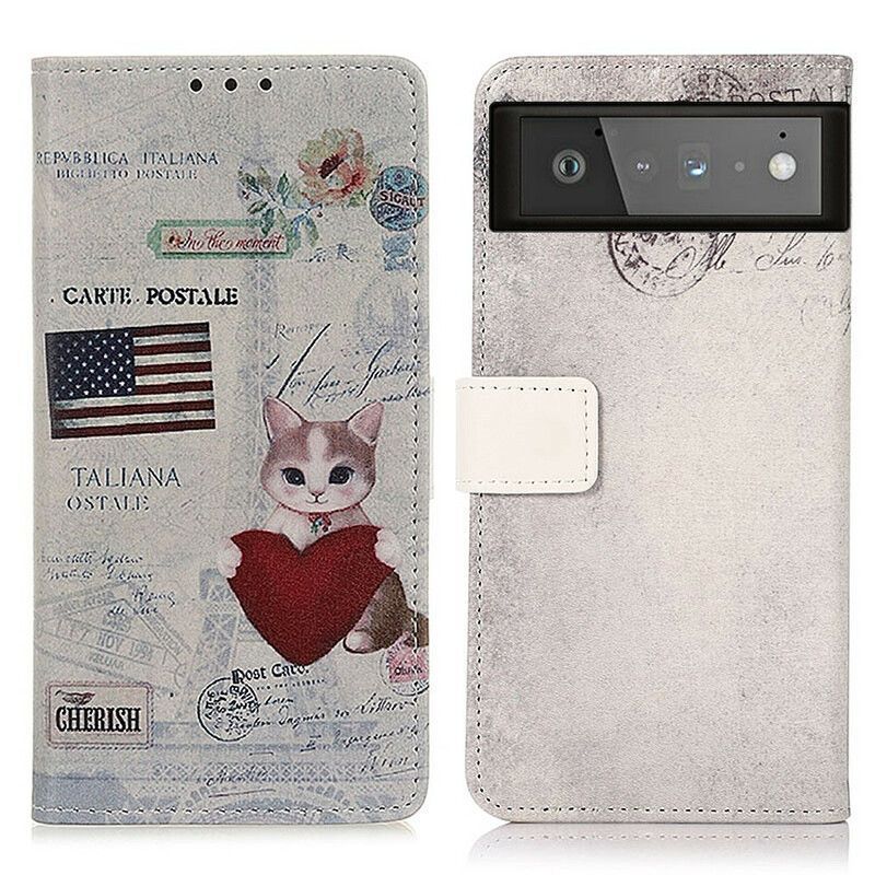 Peněženková Pouzdra Google Pixel 6 Cestující Kočka