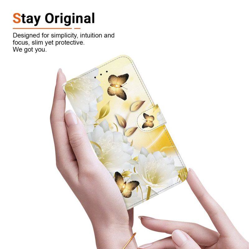 Peněženková Pouzdra Motorola Edge 50 Fusion Zlatí Motýli A Bílé Květy S Popruhem