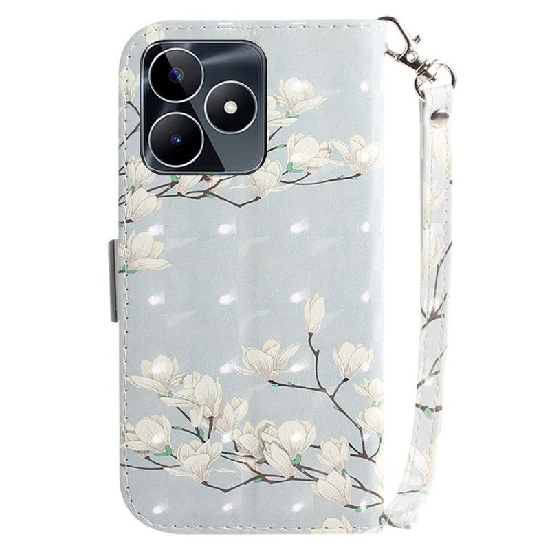 Peněženková Pouzdra Realme C53 Kryty Na Mobil Držák S Magnólií A Šňůrkou