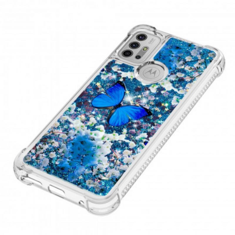 Pouzdro Moto G30 / Moto G10 Třpytivé Modré Pouzdro Motýlků