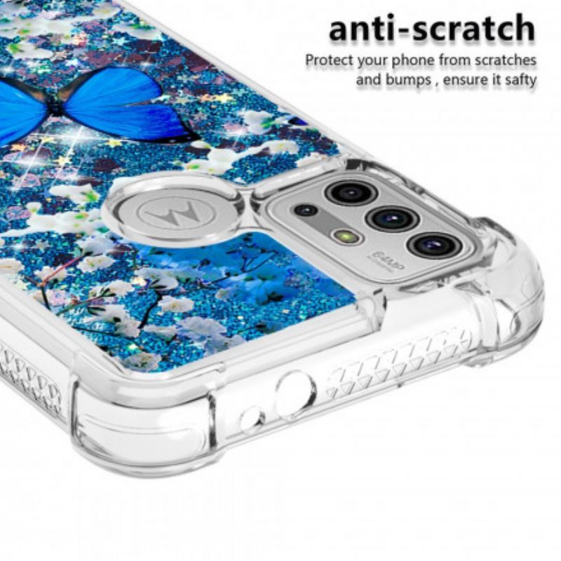 Pouzdro Moto G30 / Moto G10 Třpytivé Modré Pouzdro Motýlků