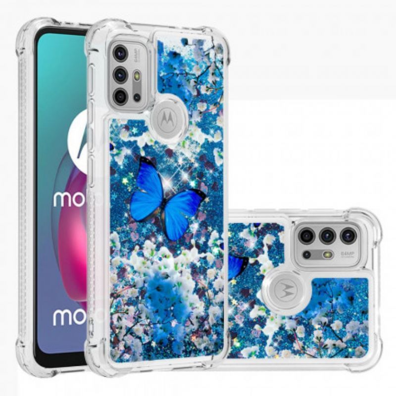 Pouzdro Moto G30 / Moto G10 Třpytivé Modré Pouzdro Motýlků