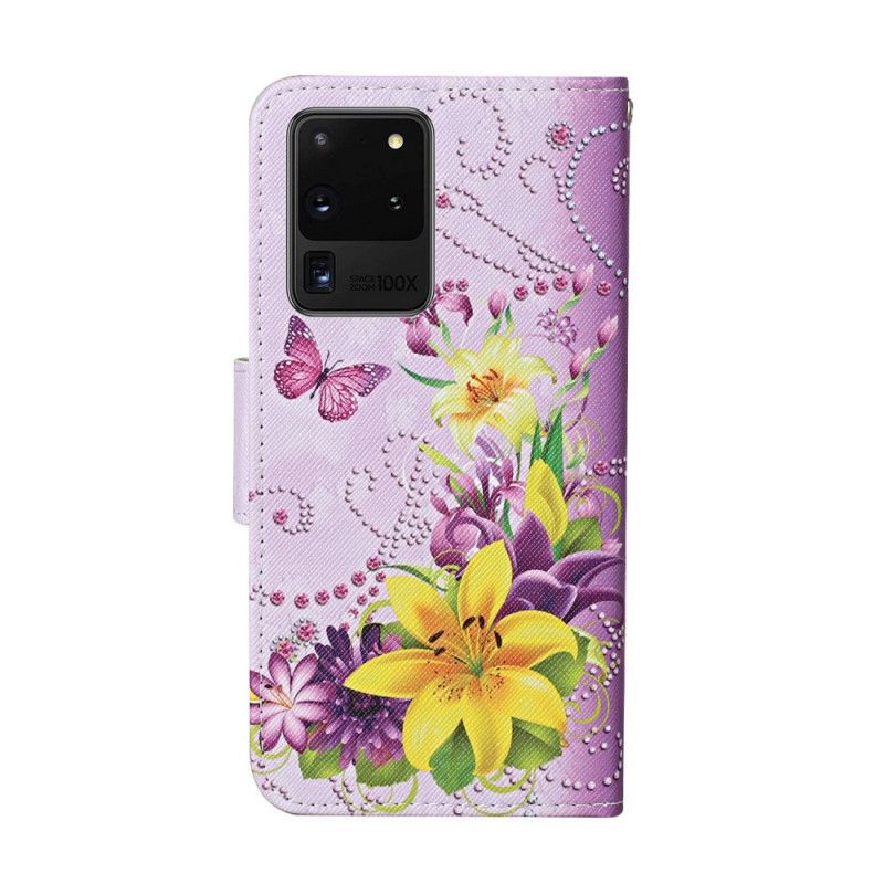 Flipové Pouzdro Na Samsung Galaxy S20 Ultra Mistrovské Květiny S Páskem