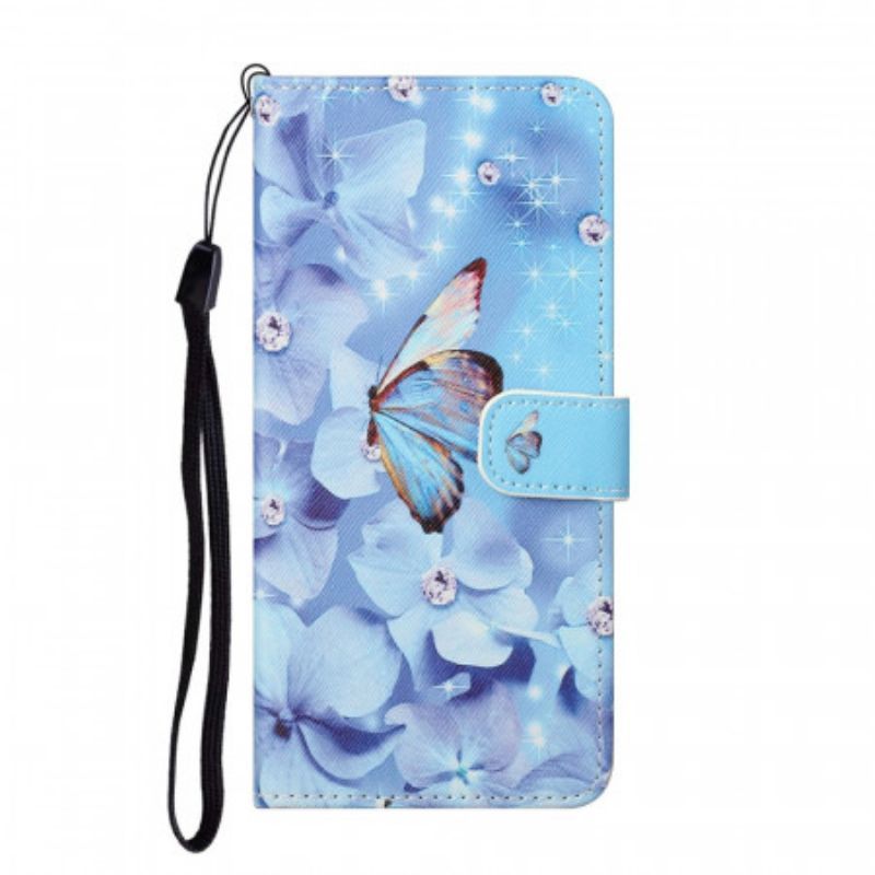 Kožené Pouzdro Na Samsung Galaxy S22 Plus 5G Na Lana Strappy Diamond Motýli