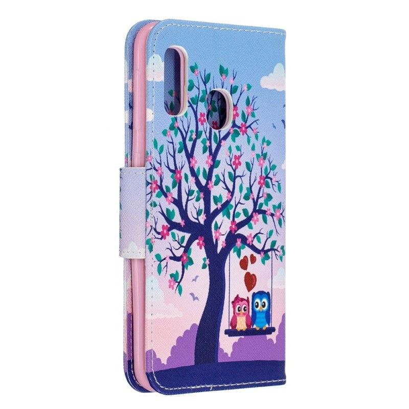 Kožené Pouzdro Samsung Galaxy A20e Sovy Na Houpačce