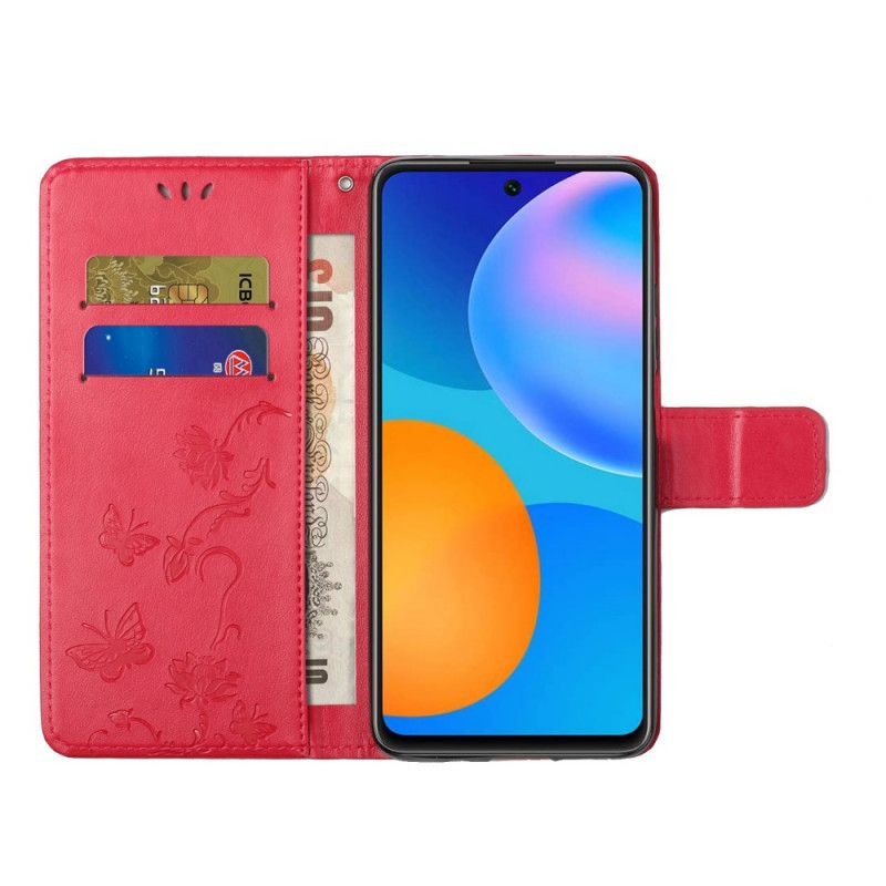 Kožené Pouzdro Samsung Galaxy A72 4g / A72 5g Motýli A Řemínkové Květiny
