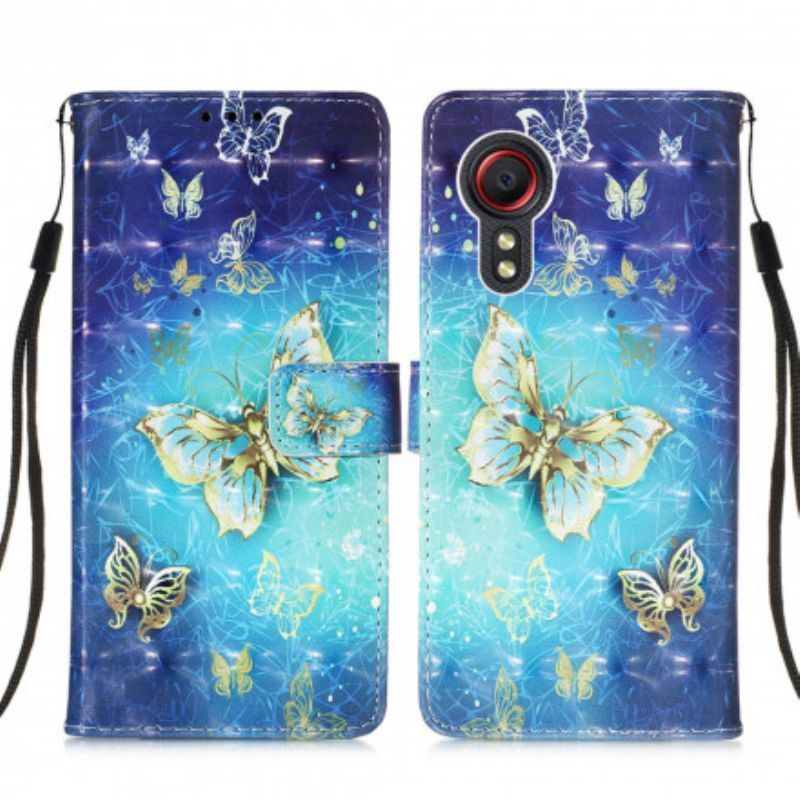 Kožené Pouzdro Samsung Galaxy Xcover 5 Šňůrka Na Zlaté Motýly