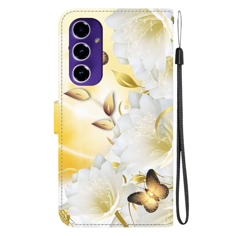 Kožený Kryt Na Samsung Galaxy A16 5g Zlatý Motýl A Bílé Květy