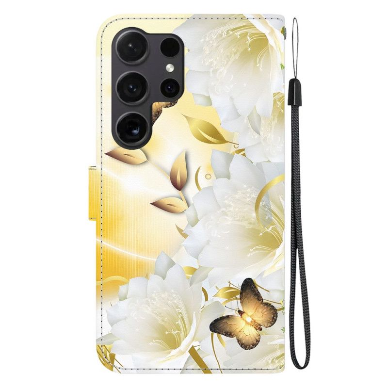 Kožený Kryt Na Samsung Galaxy S24 Ultra 5g Zlatí Motýli A Bílé Květy S Popruhem