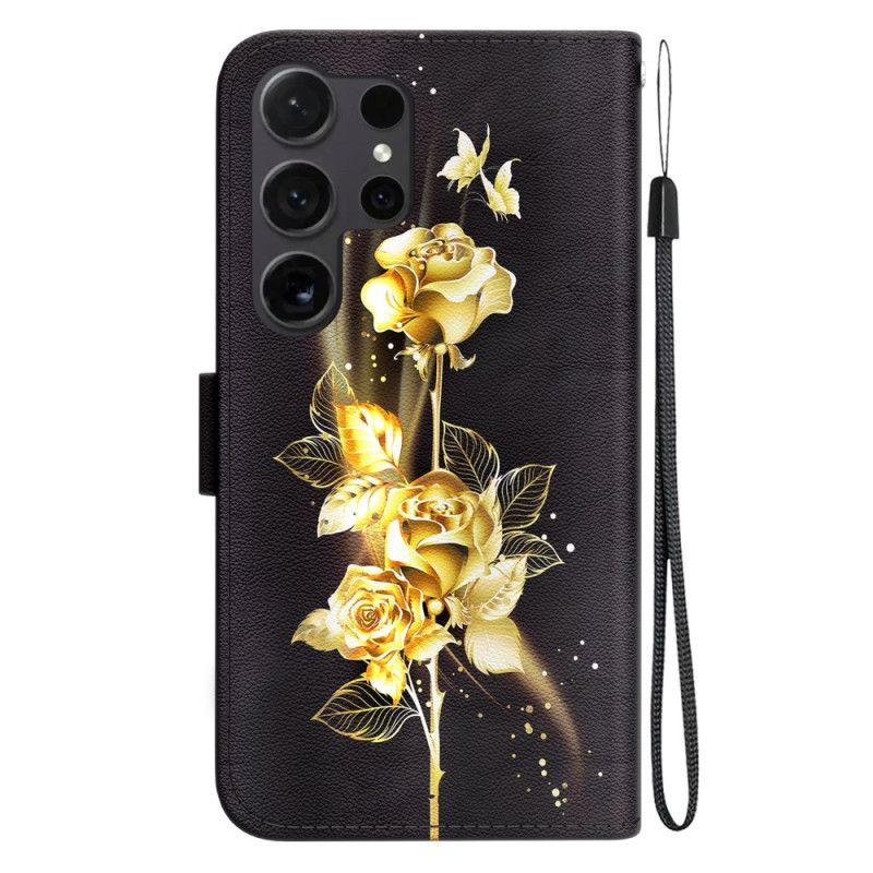 Kožený Kryt Na Samsung Galaxy S24 Ultra 5g Zlatý Motýl A Růže S Řemínkem
