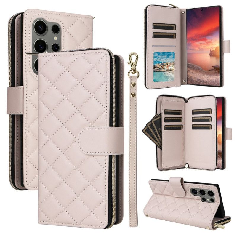 Kožený Kryt Na Samsung Galaxy S25 Ultra 5g Prošívaná Peněženka S Popruhem A Ramenním Popruhem