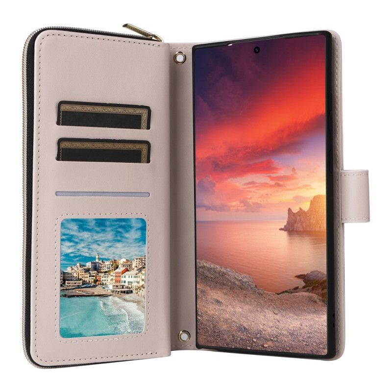 Kožený Kryt Na Samsung Galaxy S25 Ultra 5g Prošívaná Peněženka S Popruhem A Ramenním Popruhem