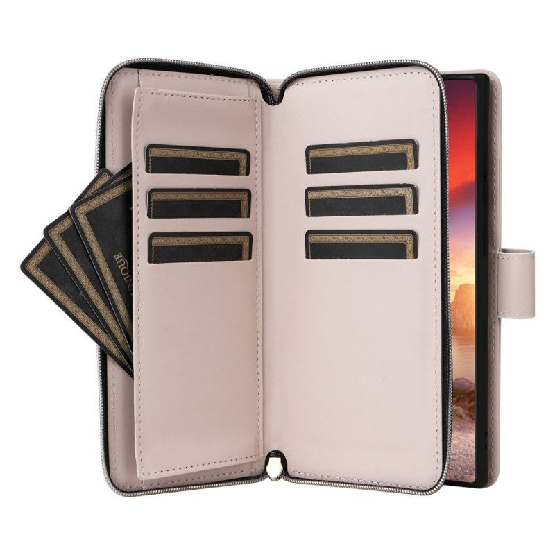 Kožený Kryt Na Samsung Galaxy S25 Ultra 5g Prošívaná Peněženka S Popruhem A Ramenním Popruhem