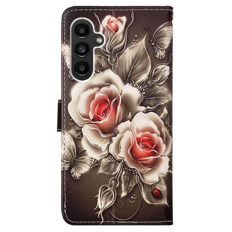 Kožený Kryt Samsung Galaxy A15 Popruhové Růže