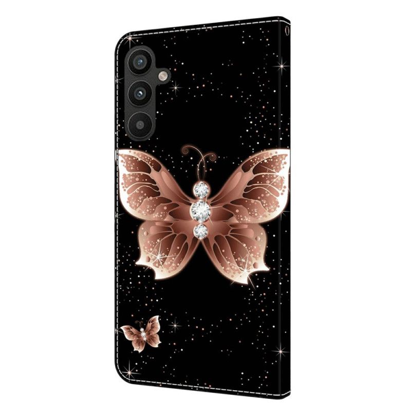 Kožený Kryt Samsung Galaxy A15 Růžoví Diamantoví Motýli