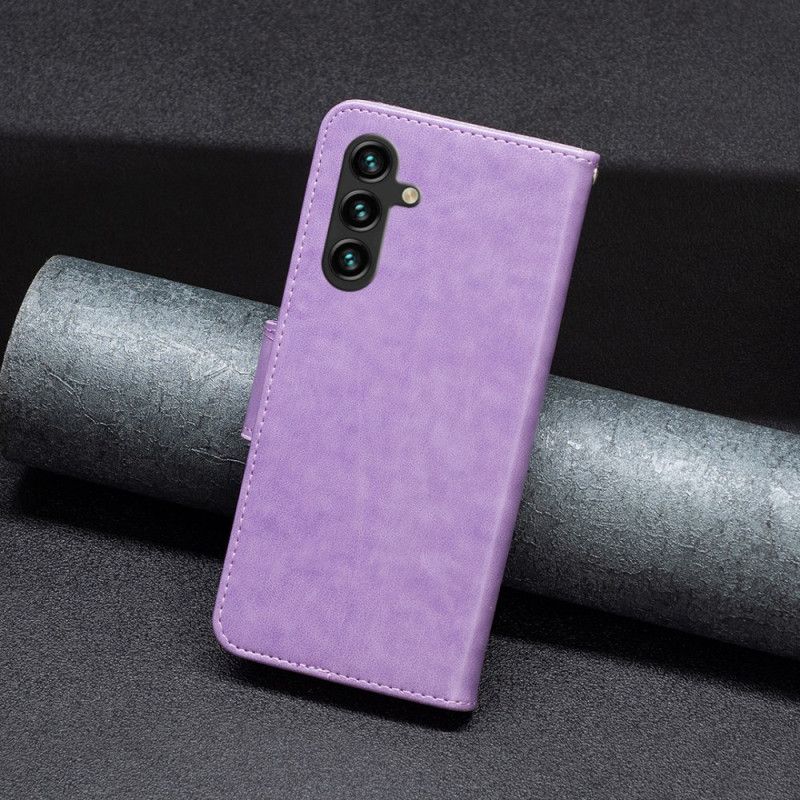 Kožený Kryt Samsung Galaxy A15 Vzor Motýla S Páskem