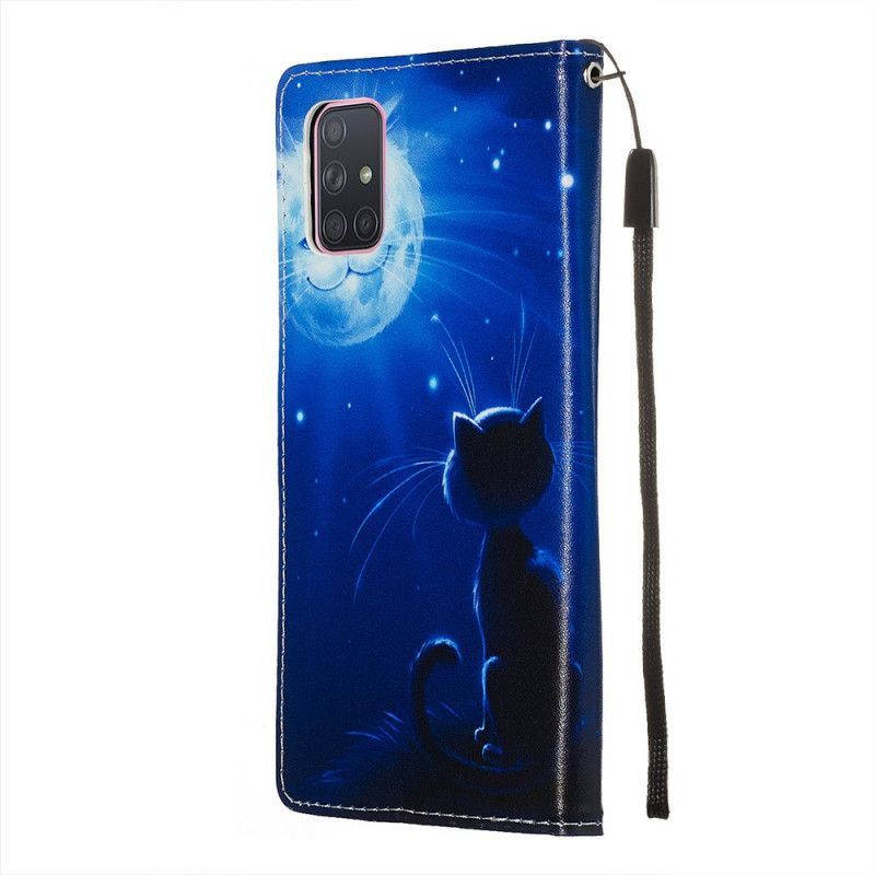 Kožený Kryt Samsung Galaxy A71 Kočka V Měsíčním Světle