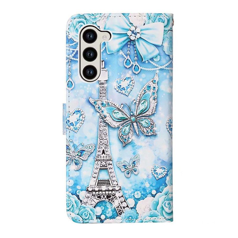 Kožený Kryt Samsung Galaxy S24 5g Eiffelova Věž A Motýli S Popruhem