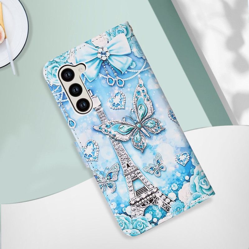 Kožený Kryt Samsung Galaxy S24 5g Eiffelova Věž A Motýli S Popruhem