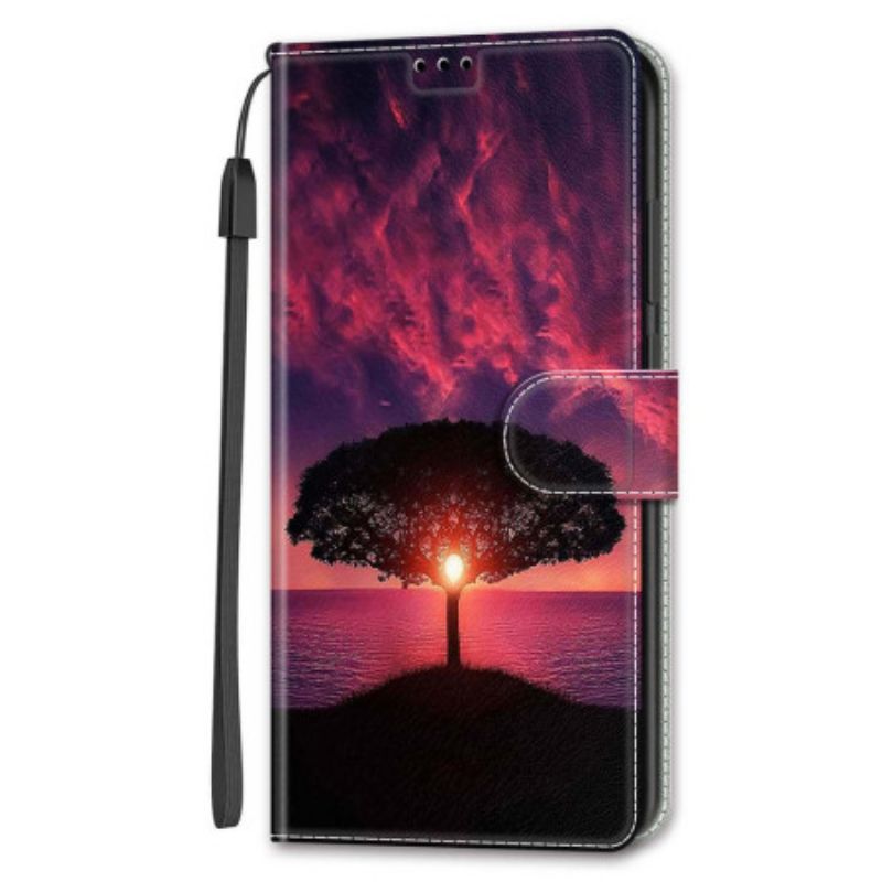 Kožený Kryt Samsung Galaxy S24 Plus 5g Černý Strom Při Západu Slunce S Popruhem