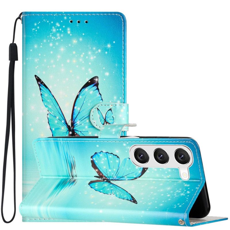 Kožený Kryt Samsung Galaxy S24 Plus 5g Modrý Motýl V Letu S Popruhem