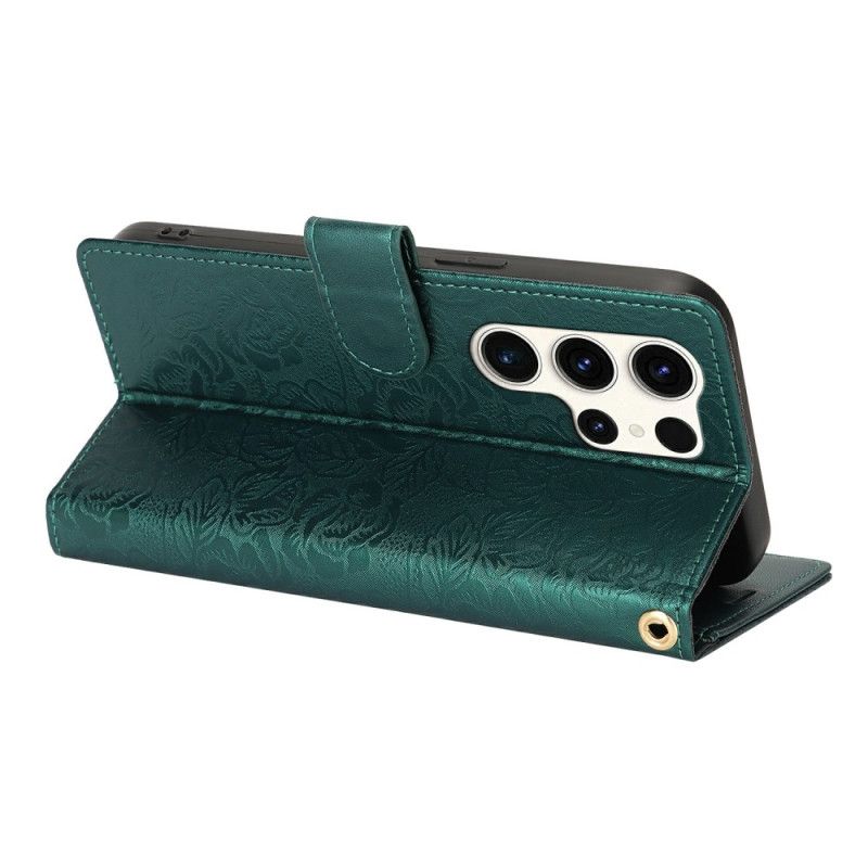 Kožený Kryt Samsung Galaxy S25 Ultra 5g Květinový Potisk S Popruhem