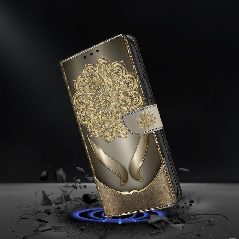 Kožený Kryt Samsung Galaxy S26 Plus Lesklé Zlaté Květiny