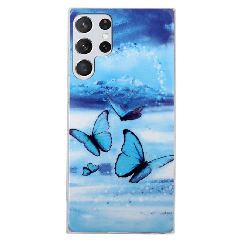Kryt Na Samsung Galaxy S22 Ultra 5G Fluorescenční Modré Motýly