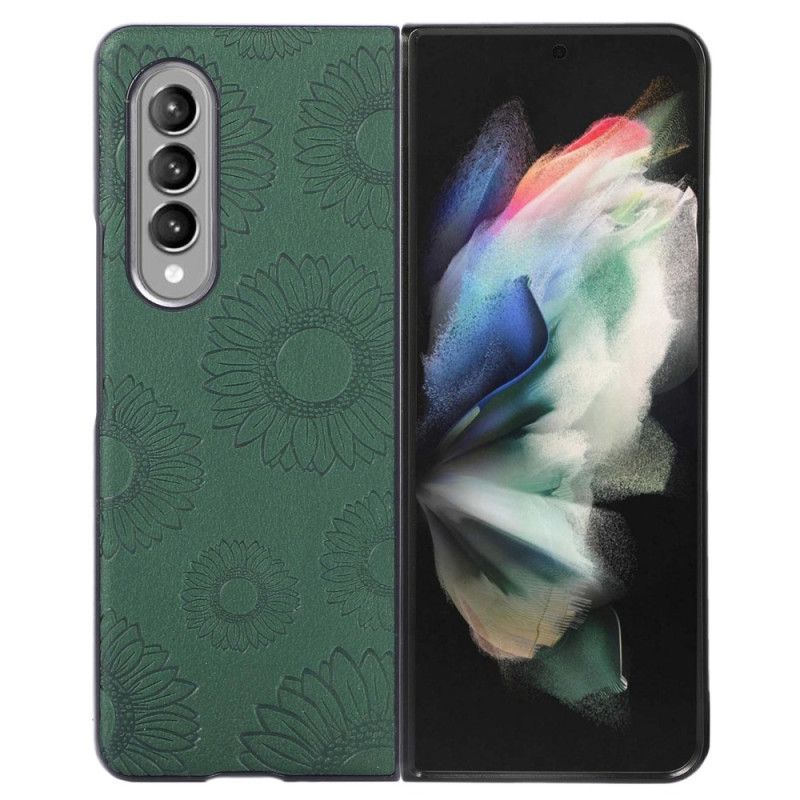 Kryt Na Samsung Galaxy Z Fold 4 Slunečnicový Vzor Potažený Imitací Kůže